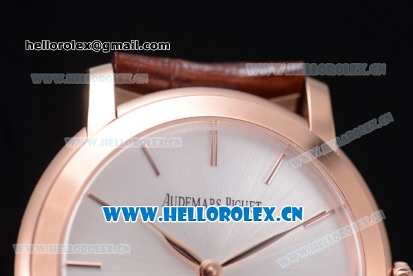 Audemars Piguet Jules Audemars Clone AP Calibre 3120 Automatic Rose Gold Case with Stick Markers Silver Dial and Brown Leather Strap - Click Image to Close